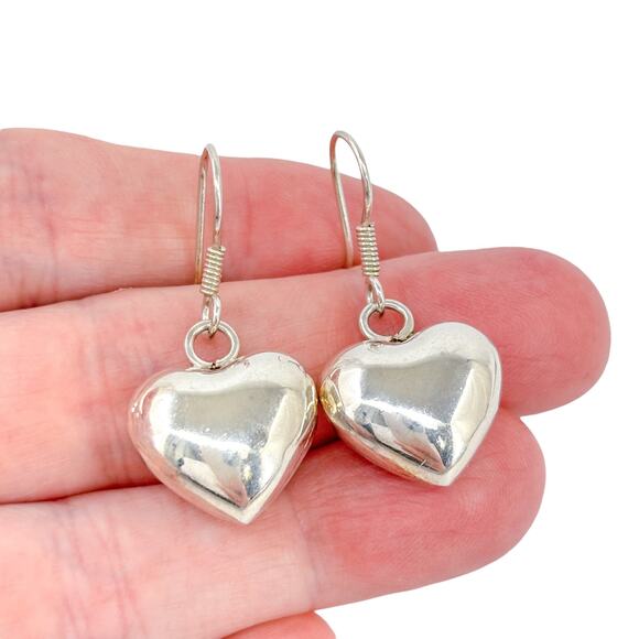 Puffy Heart Dangle Earrings | Vintage Sterling Silver 925 | Romantic Gift - Picture 1 of 5